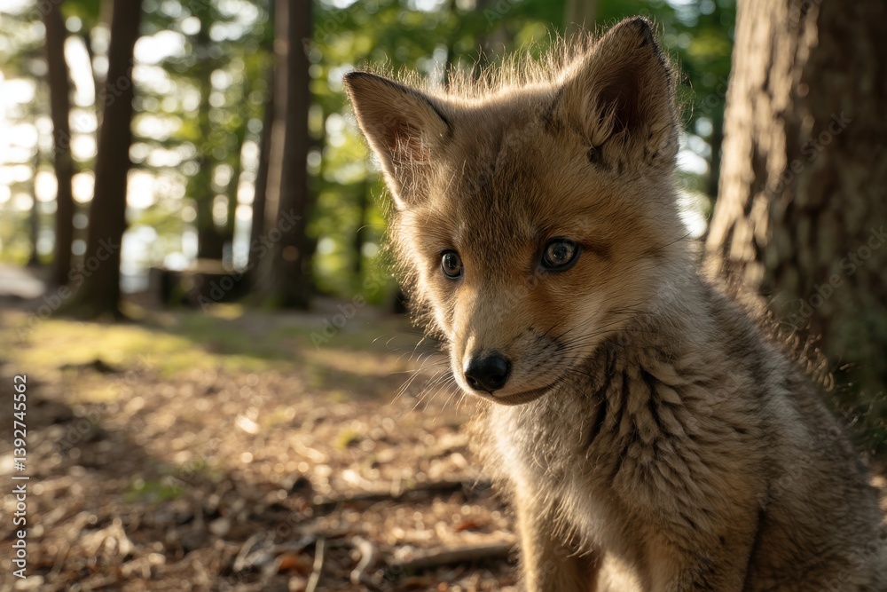 Fototapeta premium A charming baby fox portrait, capturing the innocence and wonder in its wide, expressive eyes as it explores a sunlit forest environment.