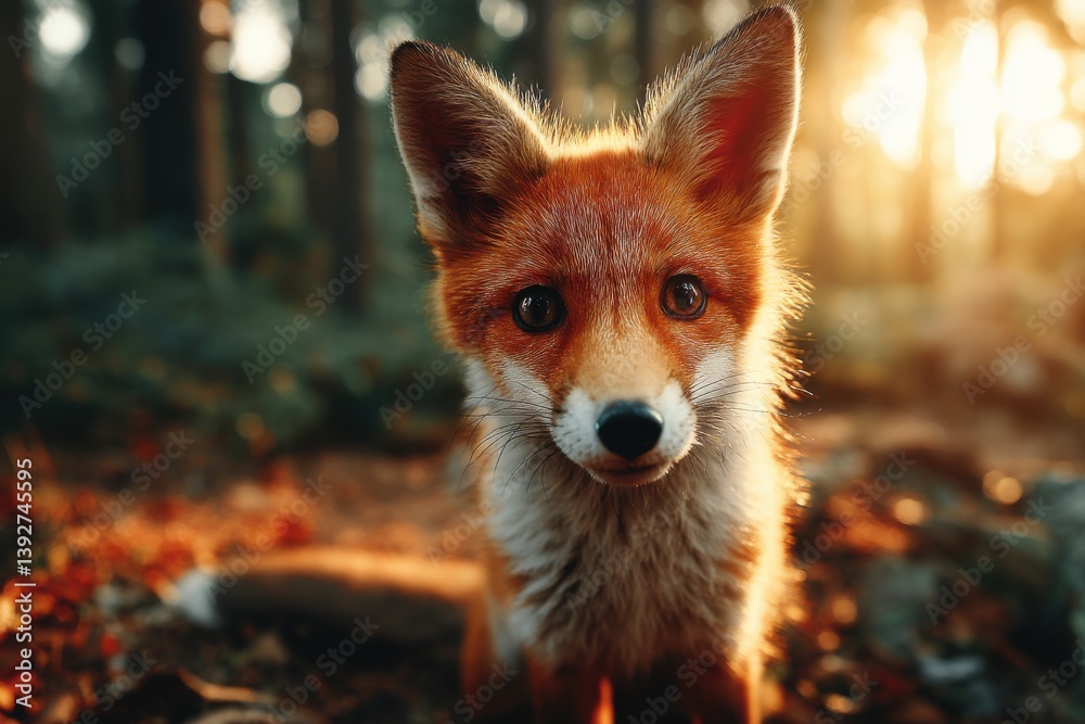 Fototapeta premium A captivating close-up of a curious red fox in a sun-drenched forest, showcasing its beautiful fur and expressive eyes as it gazes towards the viewer.