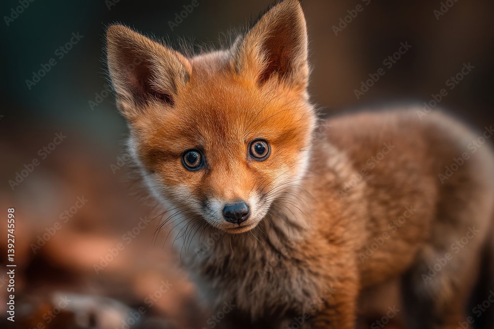 Fototapeta premium An endearing portrait of a young red fox in a natural outdoor setting, its bright eyes full of curiosity and innocence, capturing the beauty of wildlife.
