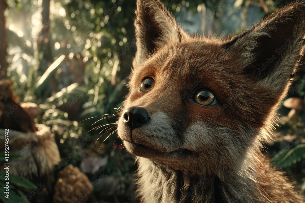 Fototapeta premium A curious red fox amidst lush foliage, its gaze directed upwards, capturing a moment of wonder and intrigue in its natural woodland habitat, wildlife scene.