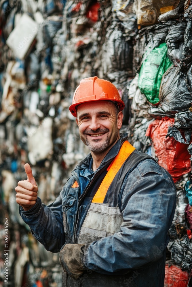 Worker working in recycling center with recyclable waste.
