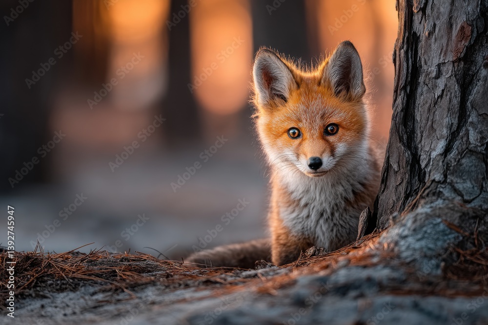 Fototapeta premium Captivating portrait of a curious fox pup nestled by a tree, showcasing its expressive eyes in a warm, soft, and natural forest setting with a blurred background.