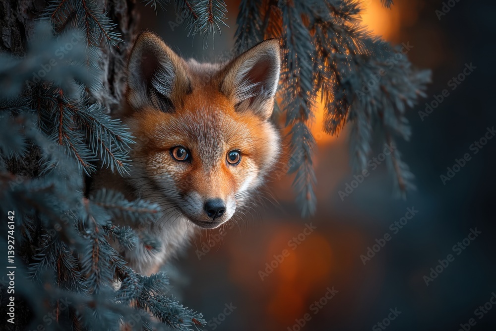 Fototapeta premium A stunning portrait of a red fox peering from behind evergreen branches, set against a warm bokeh background, embodying wild beauty in a natural setting.