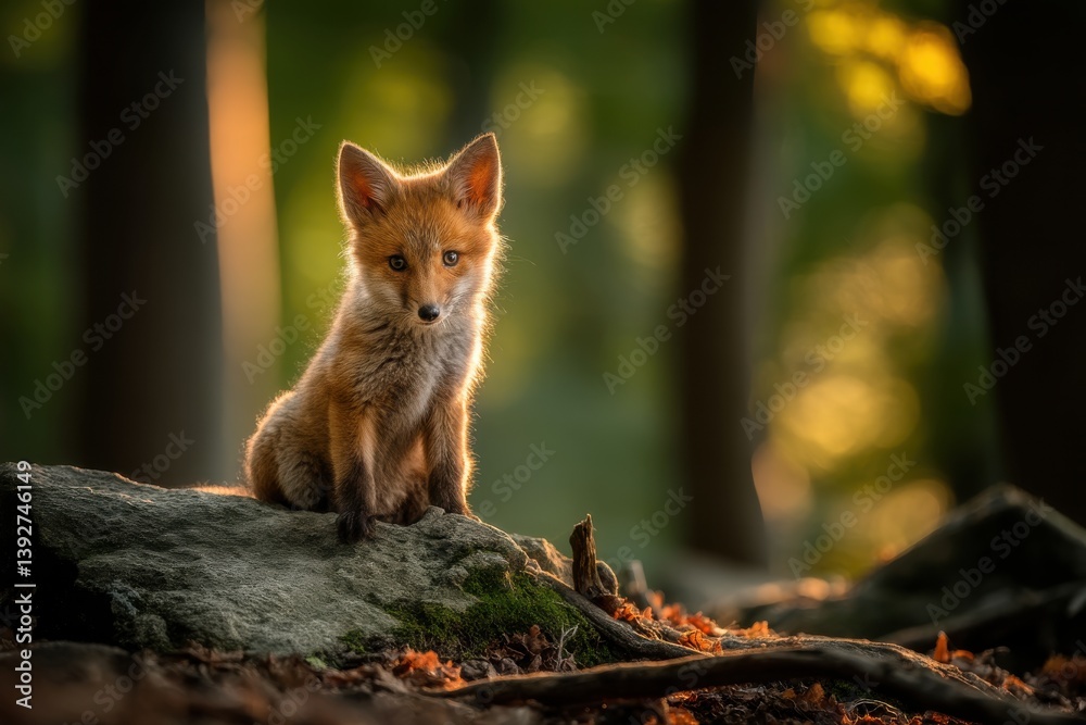 Fototapeta premium A charming red fox kit perched on a mossy rock in a sun-dappled forest, exuding innocence and wild beauty, under the gentle forest light.