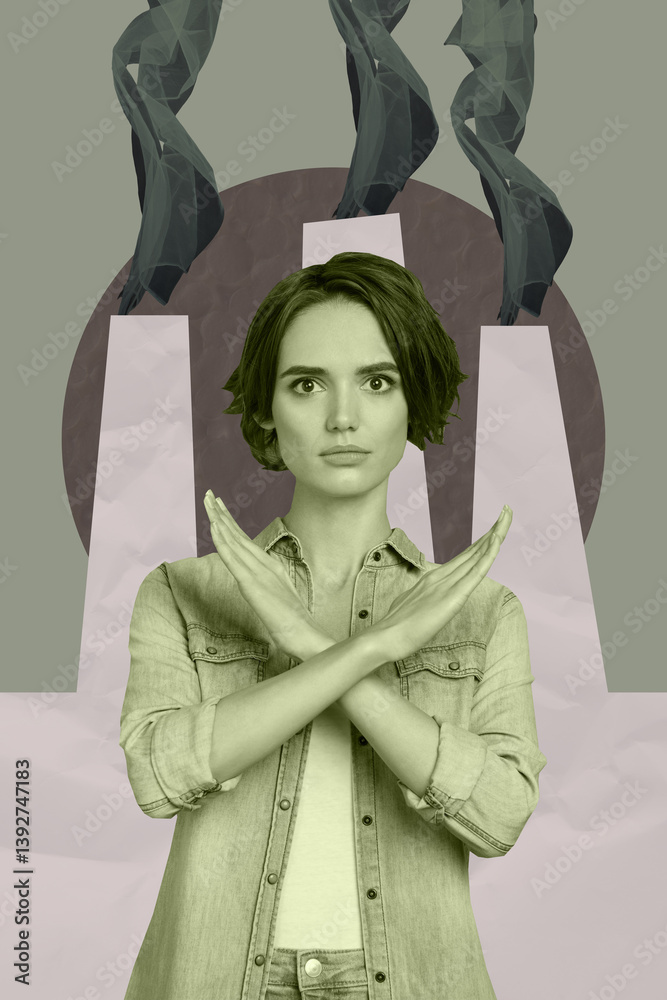 Exclusive artwork banner creative collage of serious girl volunteer show stop gesture crossed hands air pollution emission