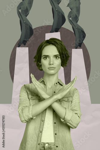 Exclusive artwork banner creative collage of serious girl volunteer show stop gesture crossed hands air pollution emission