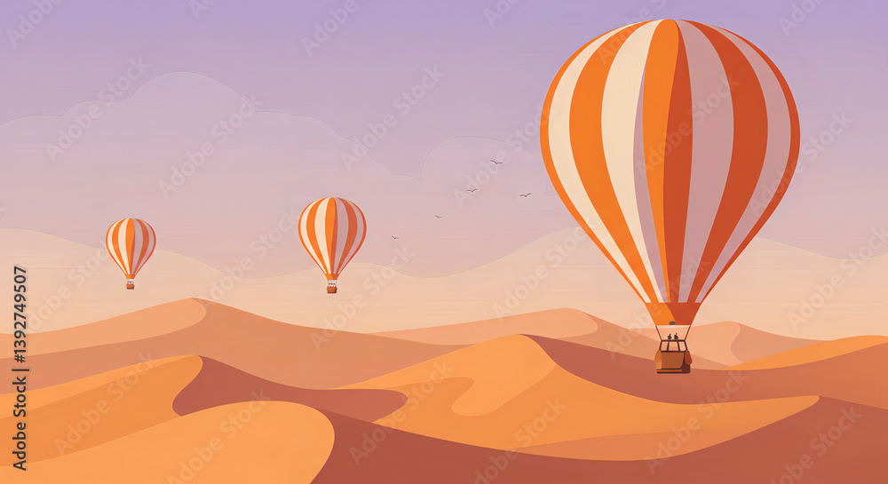 Fototapeta premium Illustration of Colorful Balloons Floating Over the Desert Landscape, Drifting Above the Sand Dunes with a Peaceful, Serene Atmosphere