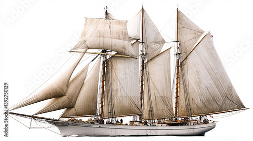 A classic sailing vessel, sails fully extended and catching the wind, depicted in a maritime photograph with a white backdrop.  