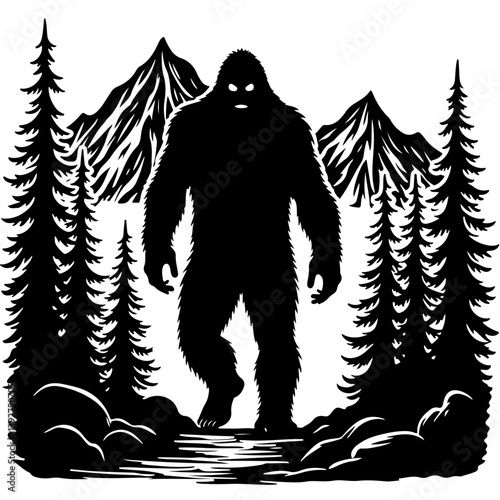 bold minimalist bigfoot silhouette for masculine tees, modern sasquatch logo design svg bundle, solid black cryptid svg for mountain merch, clean vector bigfoot art for outdoor branding, rugged bigfoo