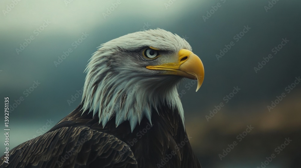 A striking portrait of a bald eagle with intense golden eyes and detailed white and dark plumage against a muted green backdrop A striking portrait of a bald eagle with intense golden eyes and detailed white and dark plumage against a muted green backdrop