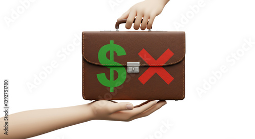 Isolated Hand Holding Briefcase with Dollar Sign and Cross Mark
