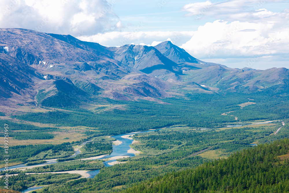 View of the Rai-Iz mountain and the Sob River in the Polar Urals on a sunny summer day, Yamal, Russia