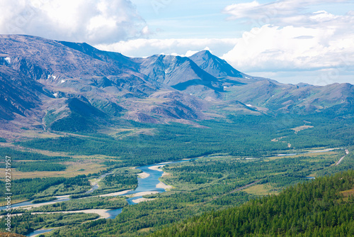 Obraz na płótnie View of the Rai-Iz mountain and the Sob River in the Polar Urals on a sunny summer day, Yamal, Russia w salonie