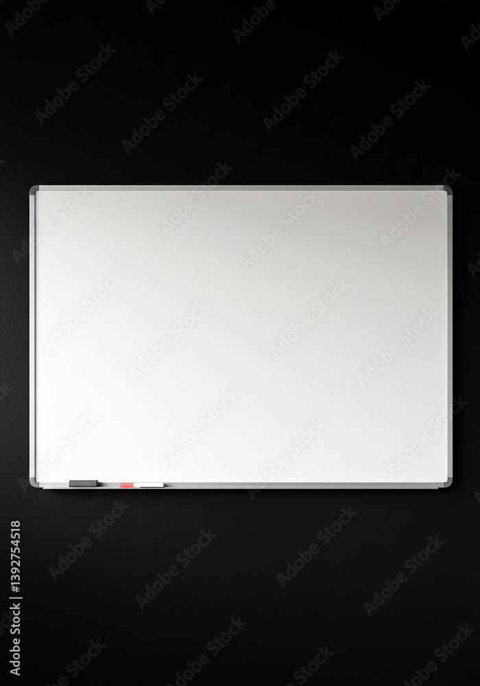 Clean white board with eraser on dark wall. Empty space for text or image. Simple background for school, office, or presentation. Modern surface for writing or drawing. Clean white board with eraser on dark wall. Empty space for text or image. Simple background for school, office, or presentation. Modern surface for writing or drawing.