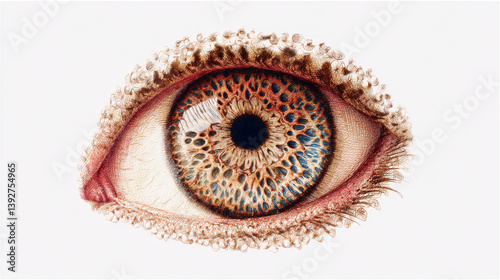 A close-up photograph showcases the detailed, patterned texture of a human iris against a white background.  