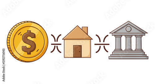 Isolated Conceptual Symbol of Money Home and Bank Connection