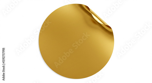 Gold sticker on white background. Circular shiny gold label with a curled corner. Metallic golden surface showing light reflection. Round blank sticker. Add your own message.