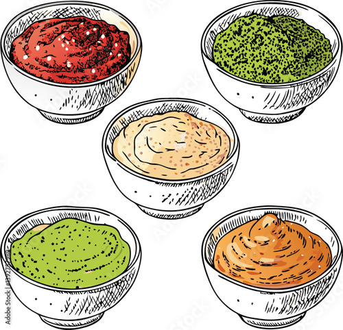 Delicious Dips Four Savory Sauces in Bowls, Culinary Delights