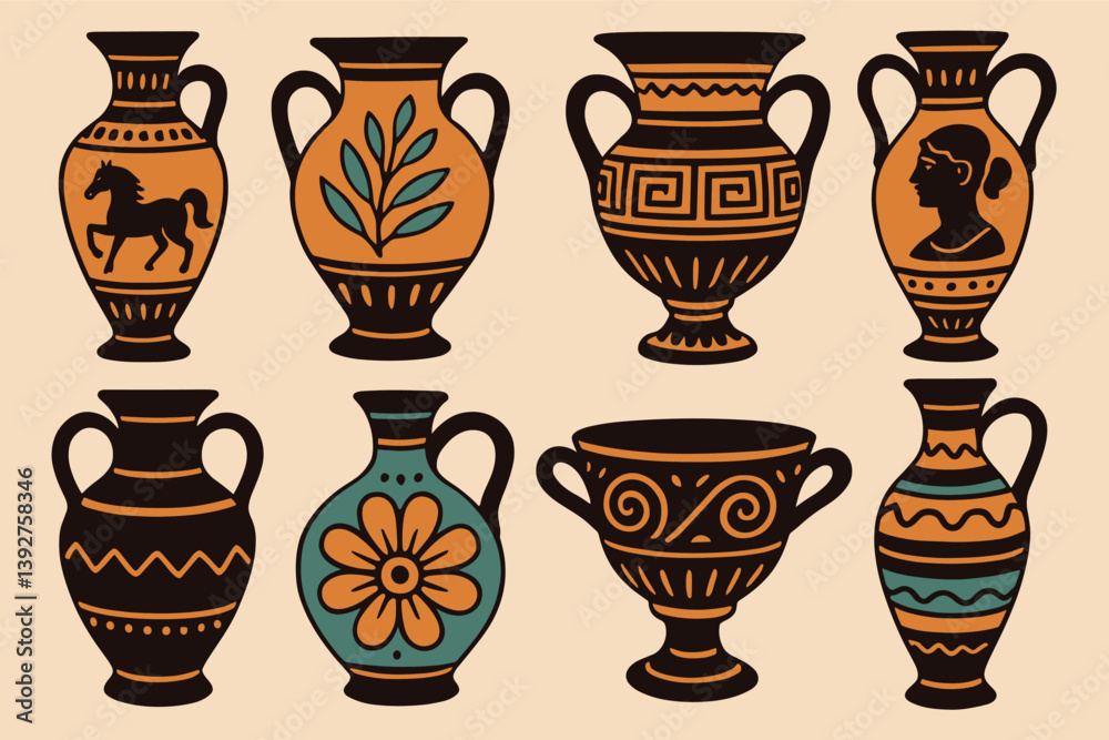 Collection of ancient greek vases with classical designs for artistic and educational purposes