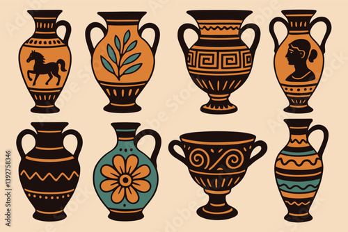 Obraz na płótnie Collection of ancient greek vases with classical designs for artistic and educational purposes w salonie