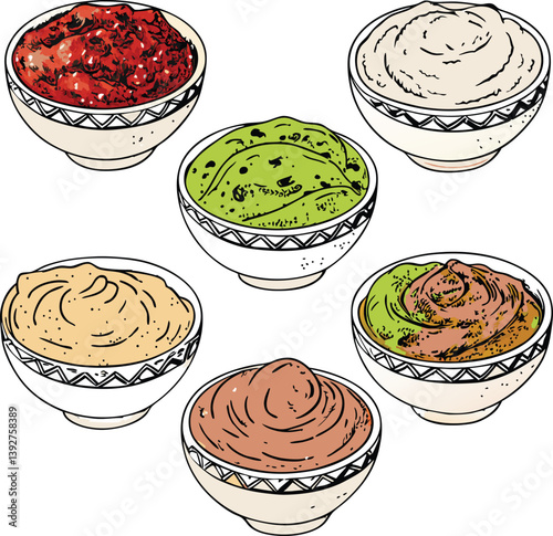 Six Delicious Dips Guacamole, Hummus, Salsa, and More Bowls