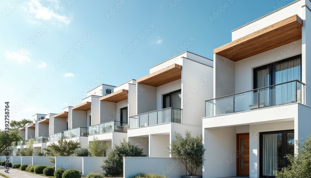 Row modern townhouses with white walls grey roofs against blue sunny sky. New apartments with balconies. Contemporary architecture, suburban residential houses, real estate concept. Row modern townhouses with white walls grey roofs against blue sunny sky. New apartments with balconies. Contemporary architecture, suburban residential houses, real estate concept.