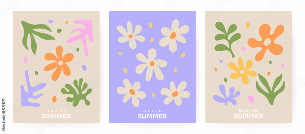 Fototapeta premium A sleek vector summer collection featuring abstract flowers, leaves, and organic shapes. Perfect for modern minimalist designs in advertising, branding, posters, prints, and celebrations.Vector design