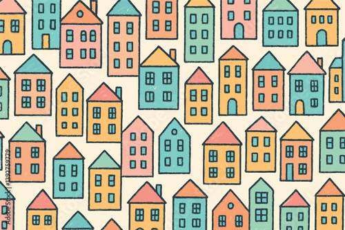Colorful hand drawn houses pattern for home decor and design projects