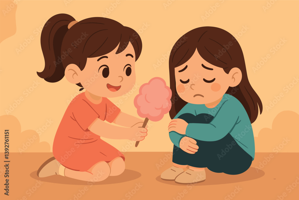 Friendship and comfort: girl sharing cotton candy to cheer up friend