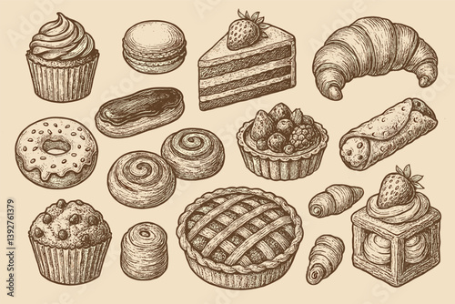 Vintage bakery and pastry sketches collection for culinary design