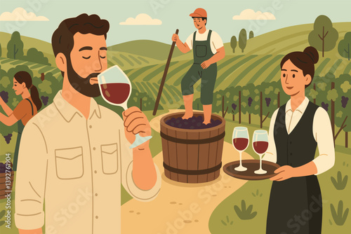 Vineyard wine tasting and harvest scene with grape stomping