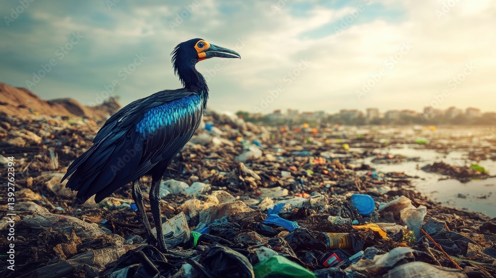 A large bird standing in huge amount of garbage
