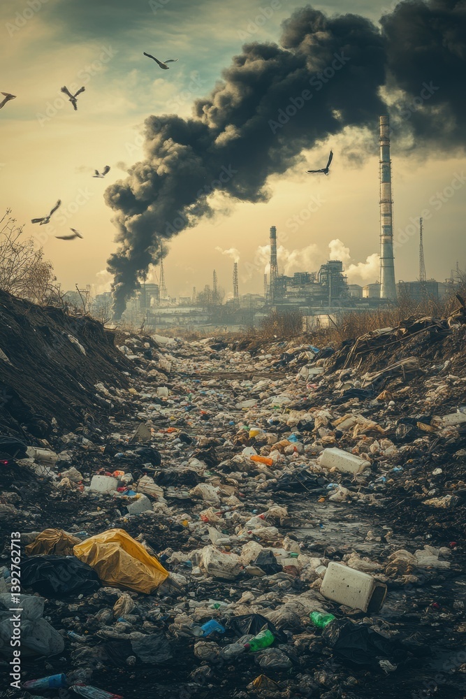 Mountains of garbage in city with factory chimneys. Huge amount of garbage polluting the environment.