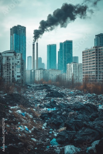 Obraz na płótnie Mountains of garbage in city with factory chimneys. Huge amount of garbage polluting the environment. w salonie