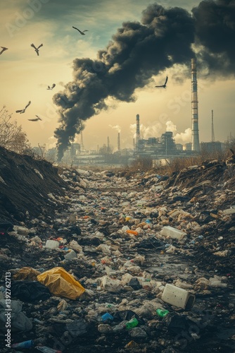 Obraz na płótnie Mountains of garbage in city with factory chimneys. Huge amount of garbage polluting the environment. w salonie
