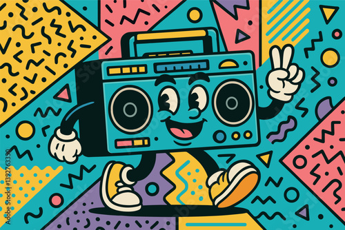 Colorful retro boombox character on abstract geometric background