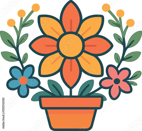 Colorful floral arrangement in pot with blossoming flowers for decorative design