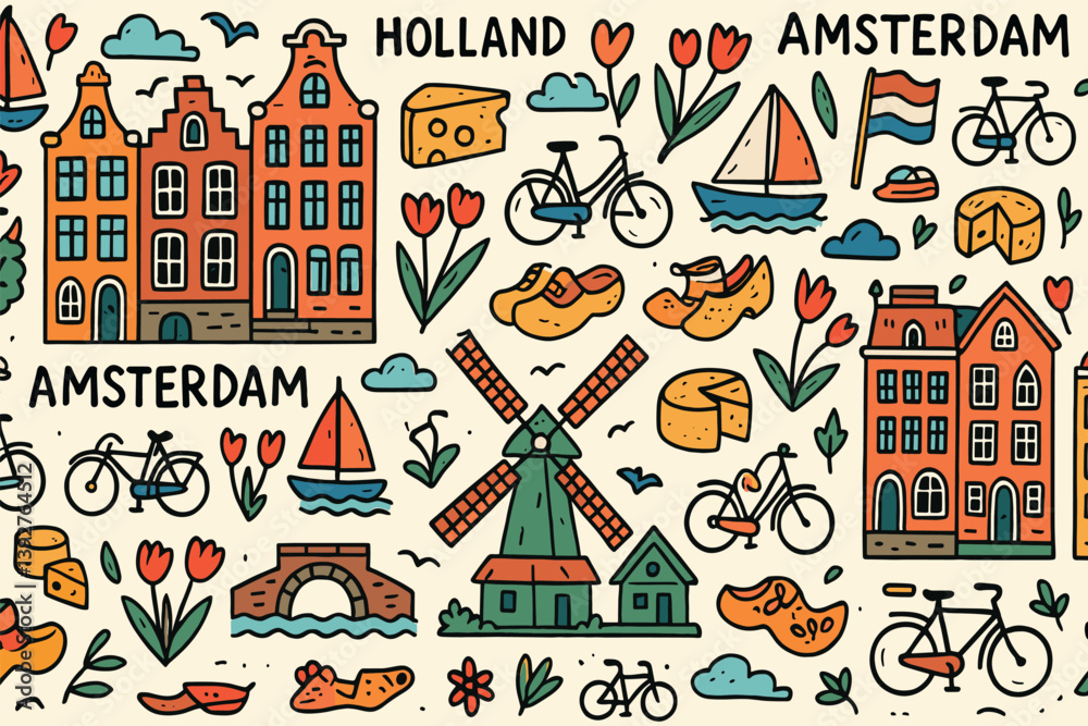 Charming dutch elements pattern featuring amsterdam icons and traditional symbols