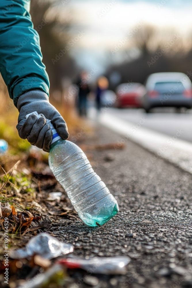 Volunteers pick up plastic bottle waste outdoors.