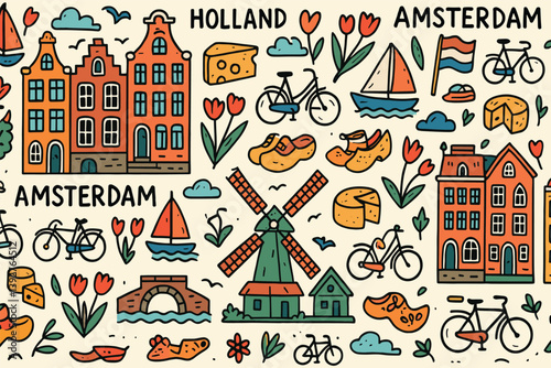 Charming dutch elements pattern featuring amsterdam icons and traditional symbols