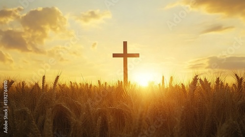 Christian cross in wheat field at sunset golden hour religious faith hope and spirituality background image