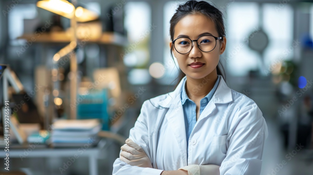 Scientist in protective gear, focused expression, soft light, blurred lab background; dedication to scientific discovery in action. Scientist in protective gear, focused expression, soft light, blurred lab background; dedication to scientific discovery in action.