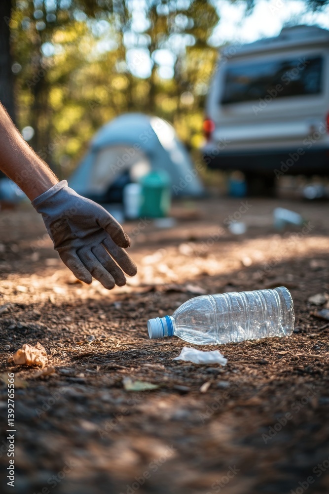 Volunteers pick up plastic bottle waste outdoors.