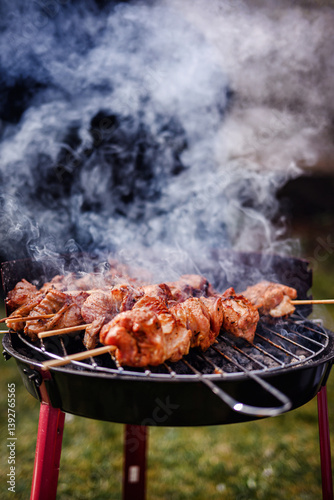 Grilled Meat Skewers Smoking on Charcoal BBQ Grill
