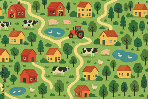 Whimsical farm life pattern with cows, pigs, ducks, and tractor for children's design