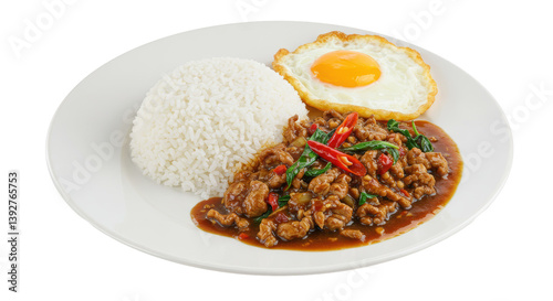 Fotografia Isolated Thai Basil Chicken with Rice and Fried Egg