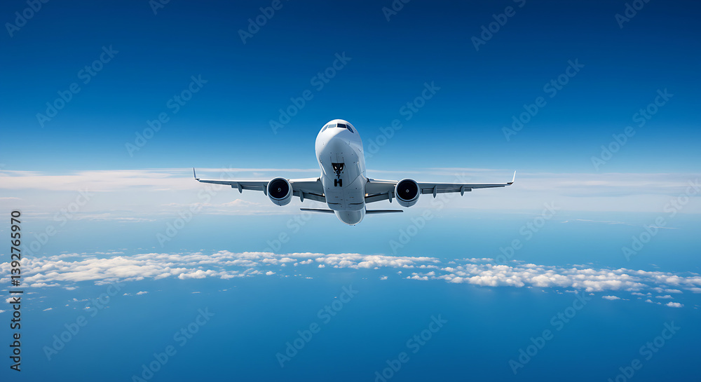 Naklejka premium airplane, blue sky, commercial flight,Adventurous airplane in a majestic flight, set against a serene blue sky with bright fluffy clouds in an expansive sky setting.