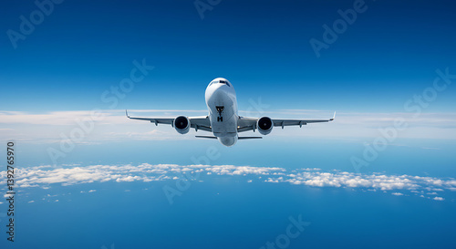 airplane, blue sky, commercial flight,Adventurous airplane in a majestic flight, set against a serene blue sky with bright fluffy clouds in an expansive sky setting.
