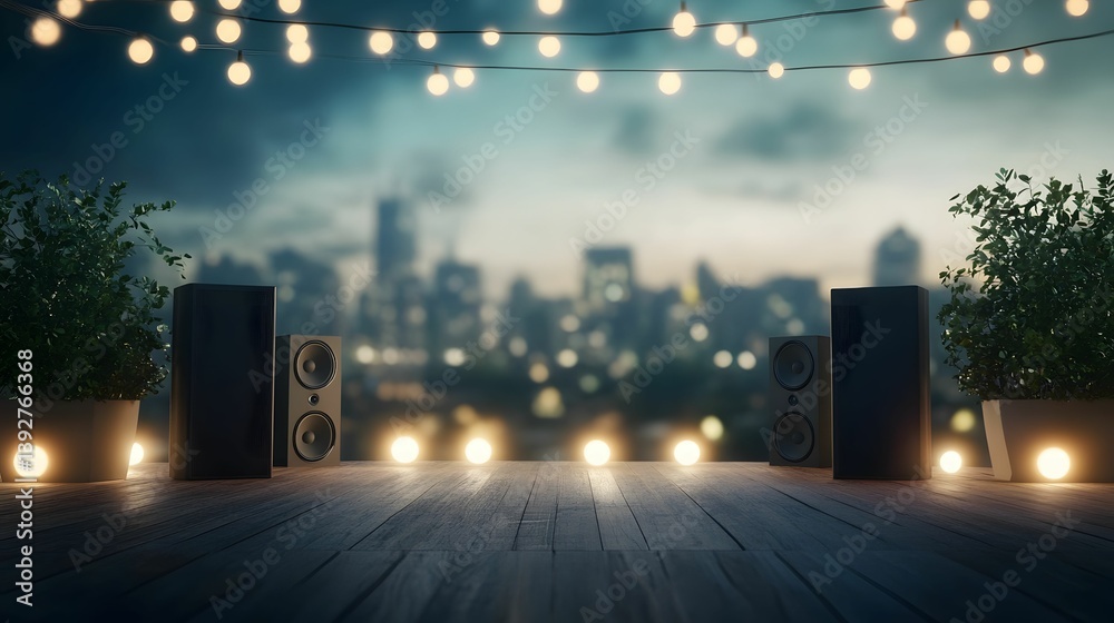 A cozy outdoor setup with speakers and lights, overlooking a city skyline, perfect for an evening gathering or event.