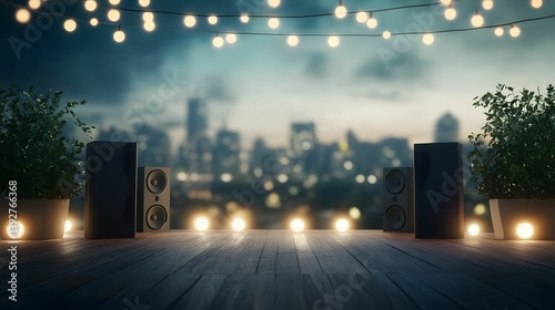 Obraz na płótnie A cozy outdoor setup with speakers and lights, overlooking a city skyline, perfect for an evening gathering or event. w salonie